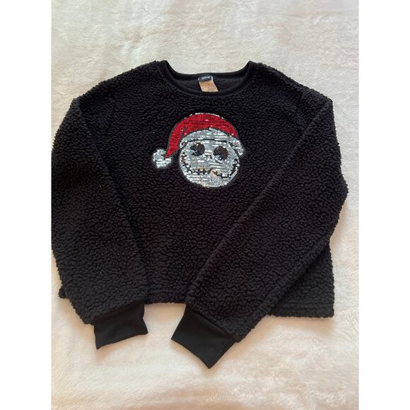 Disney Jack Santa Juniors Fluffy Sequin Casual Semi Cropped Sweater Black Medium - Picture 1 of 13